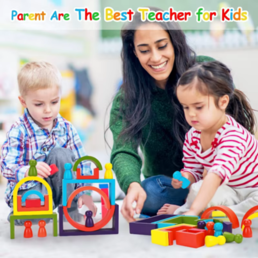 Set educativ de construcție Montessori din lemn - blocuri colorate