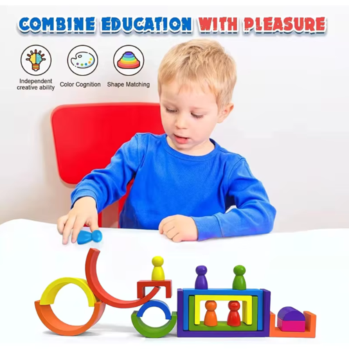 Set educativ de construcție Montessori din lemn - blocuri colorate