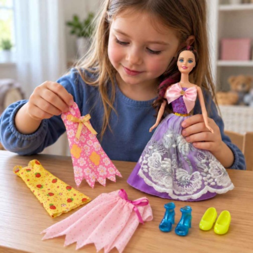 Păpușă de 28 cm cu rochițe, pantofi și accesorii