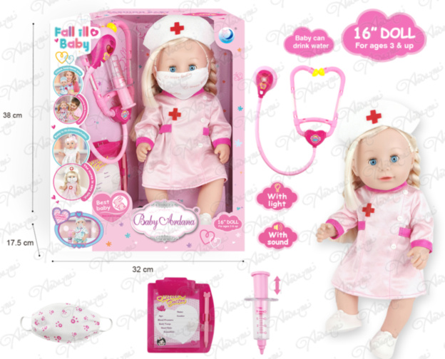 Păpușa Ardana Doctor din Vinil cu Sunete și Accesorii Medicale, bea apă- face pipi