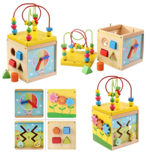 Cub Educativ din Lemn 5 în 1 - Labirint, Ceas, Sortator de Forme și Roți Dințate