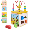 Cub Educativ din Lemn 5 în 1 - Labirint, Ceas, Sortator de Forme și Roți Dințate