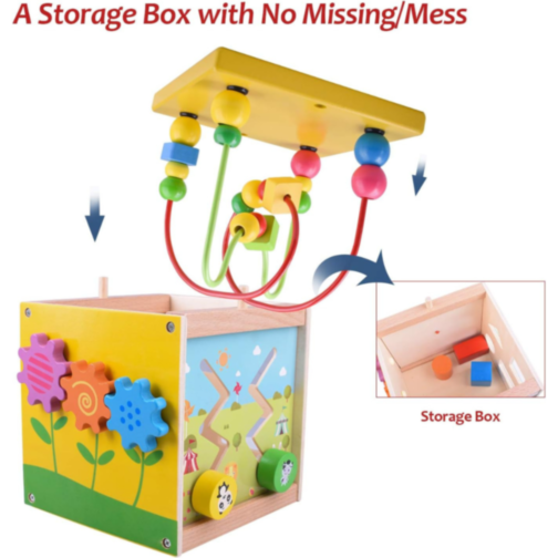 Cub Educativ din Lemn 5 în 1 - Labirint, Ceas, Sortator de Forme și Roți Dințate