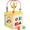 Cub Educativ din Lemn 5 în 1 - Labirint, Ceas, Sortator de Forme și Roți Dințate