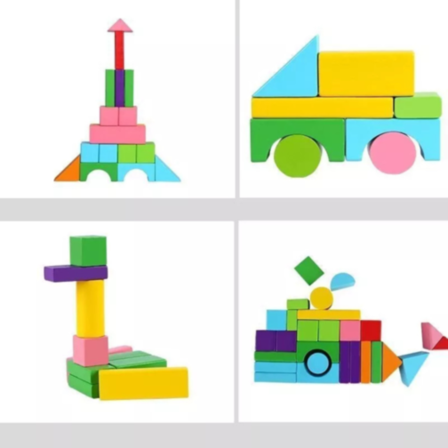Set 100 de Blocuri de Construcție din Lemn, Colorate și Educaționale