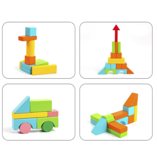 Set 100 de Blocuri de Construcție din Lemn, Colorate și Educaționale