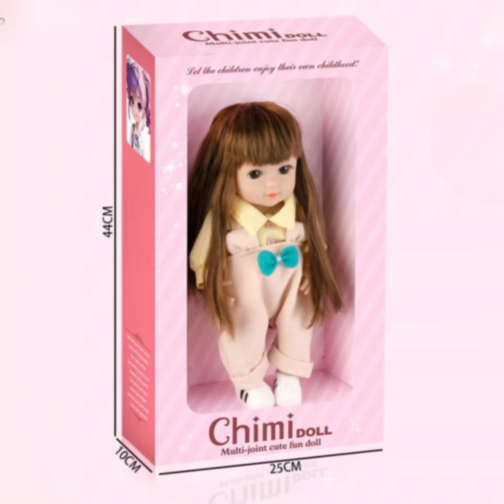 Păpușă Chimi Doll 38 cm cu Salopetă Roz și Păr Lung, Corp Moale din Vinil