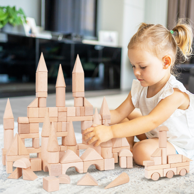 Set 100 Piese Cuburi de Construcție din Lemn Natural | Jucărie Educativă Montessori | image
