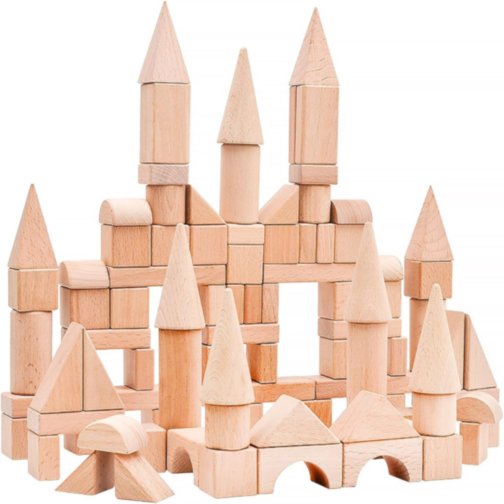 Set 100 Piese Cuburi de Construcție din Lemn Natural | Jucărie Educativă Montessori
