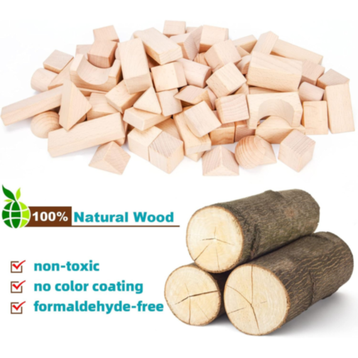 Set 100 Piese Cuburi de Construcție din Lemn Natural | Jucărie Educativă Montessori