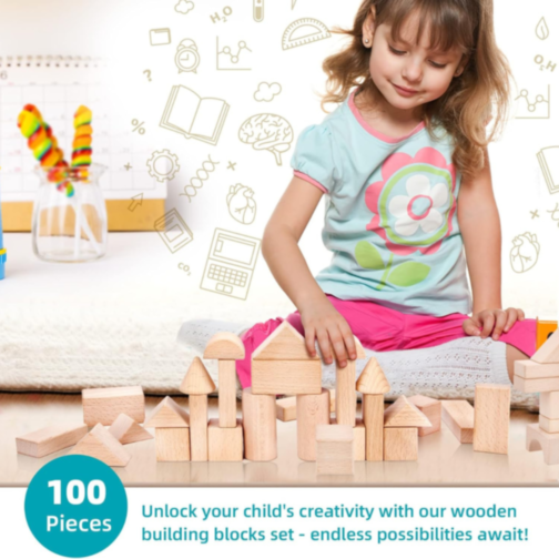 Set 100 Piese Cuburi de Construcție din Lemn Natural | Jucărie Educativă Montessori
