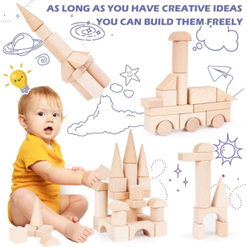 Set 100 Piese Cuburi de Construcție din Lemn Natural | Jucărie Educativă Montessori