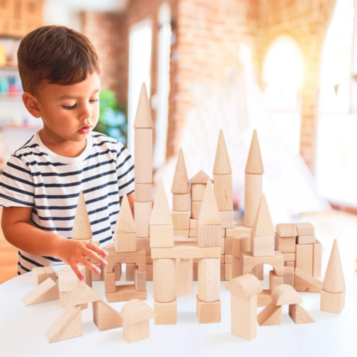 Set 100 Piese Cuburi de Construcție din Lemn Natural | Jucărie Educativă Montessori