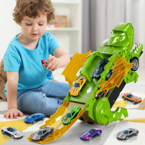 T-Rex Transportator cu 4 Mașinuțe Metalice – Dinozaur Transformabil (culoare aleatorie)