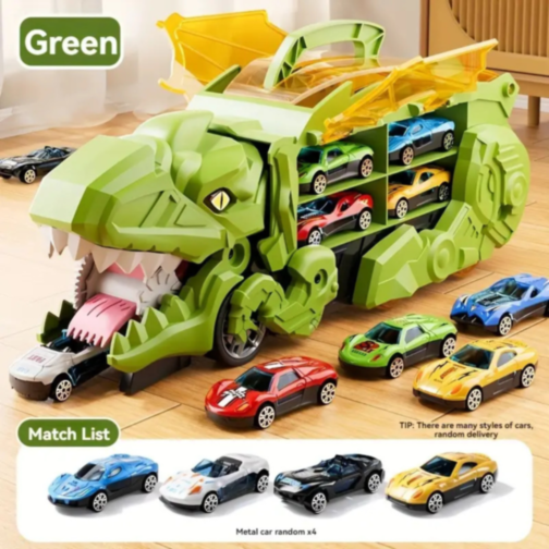 T-Rex Transportator cu 4 Mașinuțe Metalice – Dinozaur Transformabil (culoare aleatorie)