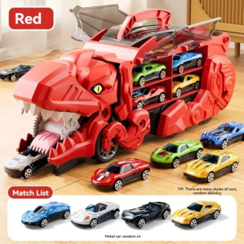 T-Rex Transportator cu 4 Mașinuțe Metalice – Dinozaur Transformabil (culoare aleatorie)