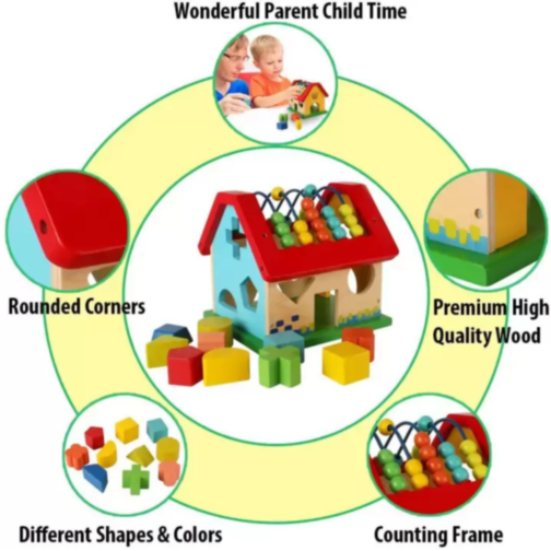 Căsuță Educațională Montessori cu Abac și Sortator de Forme
