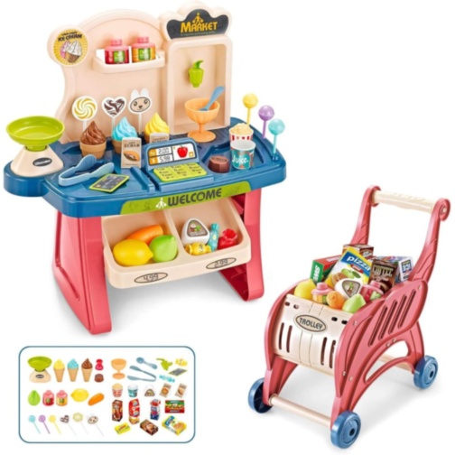 Set Supermarket pentru Copii cu Cărucior și Casă de Marcat