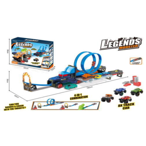 Pistă de Curse Monster Legends 4-în-1 | Set cu 8 Mașini și Obstacole
