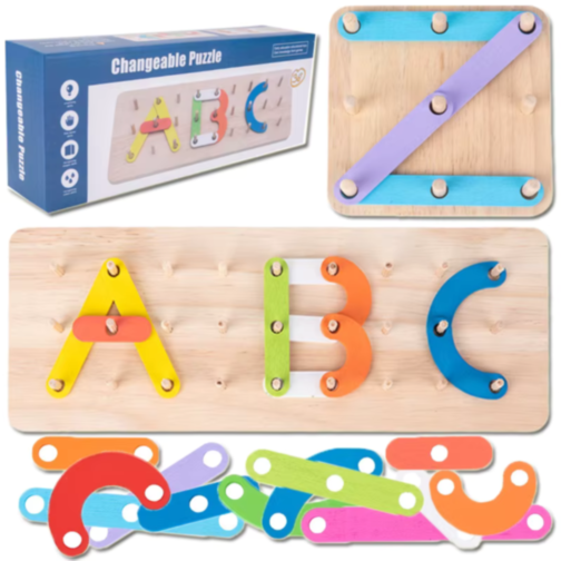 Puzzle Montessori din Lemn – Creează Litere, Cifre și Forme cu Imaginație