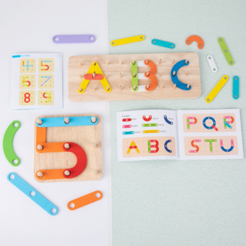 Puzzle Montessori din Lemn – Creează Litere, Cifre și Forme cu Imaginație