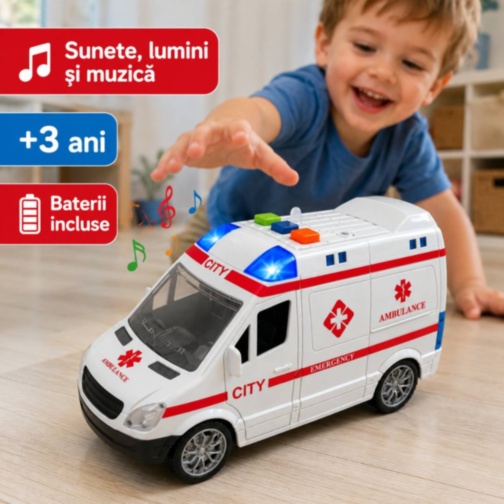 Ambulanță de jucărie cu sunete, lumini și inerție