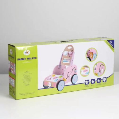 Premergător din Lemn cu Activități Montessori și Sortator de Forme – Model Roz cu Iepuraș