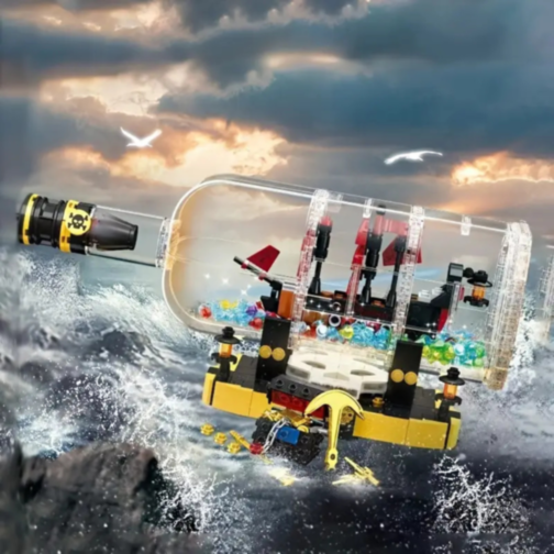 Corabie de Pirați în Sticlă cu LED – Set de Construcție Creativ pentru Copii, 852 piese