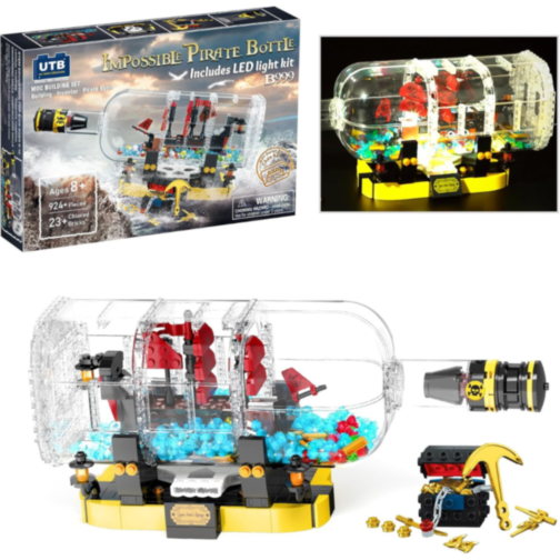 Corabie de Pirați în Sticlă cu LED – Set de Construcție Creativ pentru Copii, 852 piese