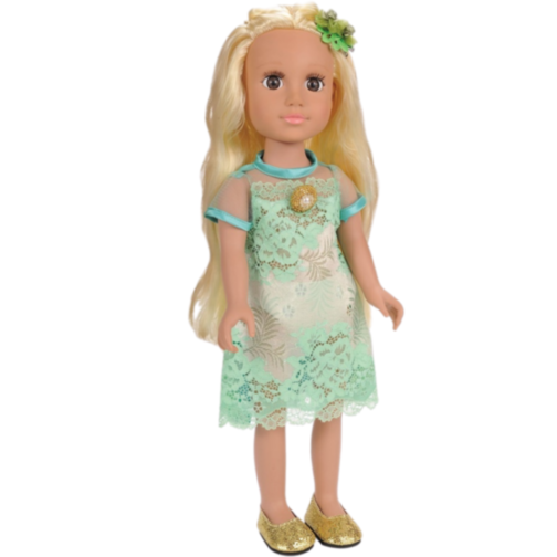 Păpușă Ardana – Rochie Verde cu Dantelă și Pantofi Aurii