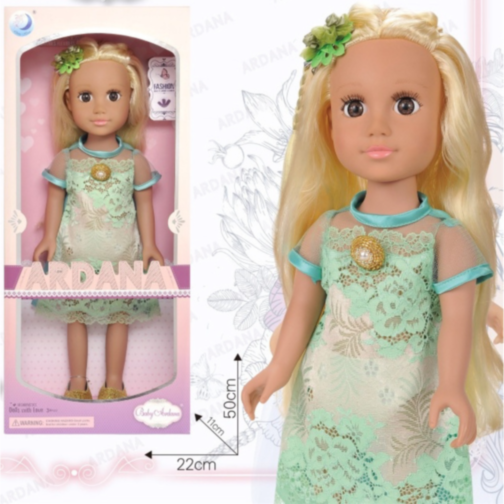 Păpușă Ardana – Rochie Verde cu Dantelă și Pantofi Aurii