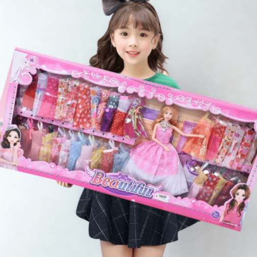 Păpușă Mare cu Rochii Colorate și Garderobă Elegantă