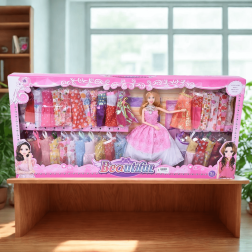 Păpușă Mare cu Rochii Colorate și Garderobă Elegantă