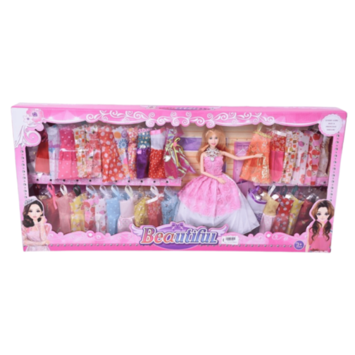 Păpușă Mare cu Rochii Colorate și Garderobă Elegantă