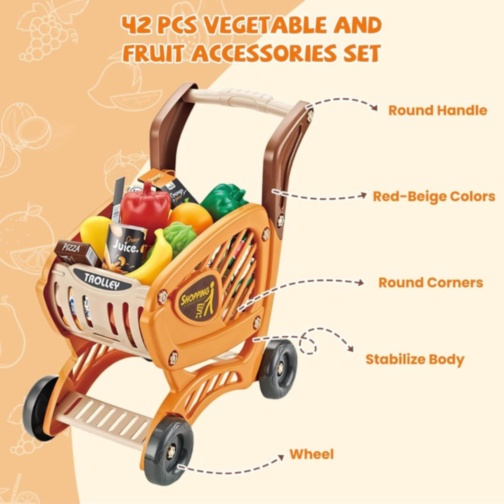 Cărucior cumpărături copii cu alimente și accesorii supermarket