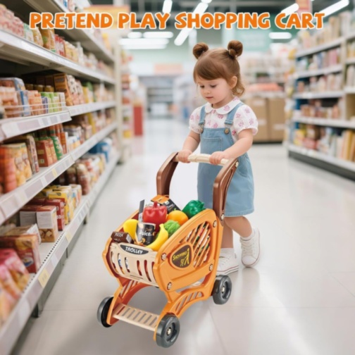 Cărucior cumpărături copii cu alimente și accesorii supermarket