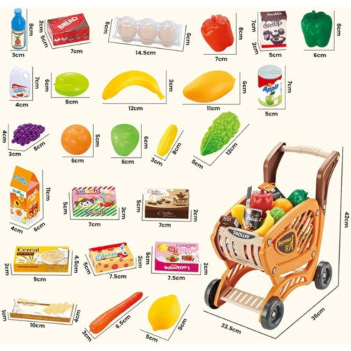 Cărucior cumpărături copii cu alimente și accesorii supermarket