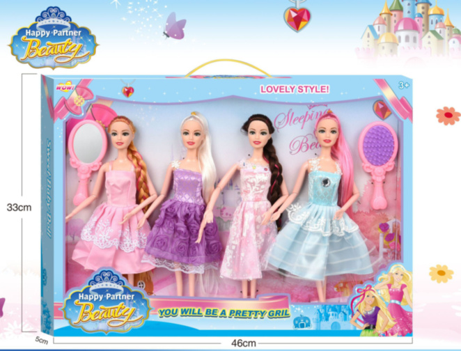 Set 4 Păpuși, Blondă, Brunetă, Roșcată, Șuvițe Roz