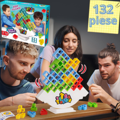 Joc de Echilibru Tetris Tower – 132 Piese Colorate și Cărți de Provocare