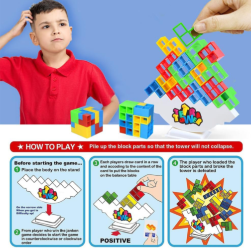 Joc de Echilibru Tetris Tower – 132 Piese Colorate și Cărți de Provocare
