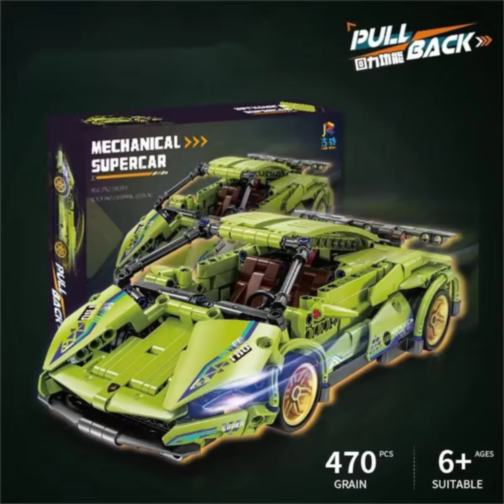 Mașină Supercar Mecanică Verde cu Funcție Pull-Back, Set de 470 Piese  