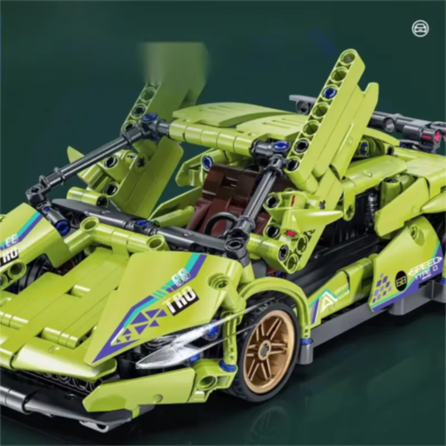 Mașină Supercar Mecanică Verde cu Funcție Pull-Back, Set de 470 Piese  