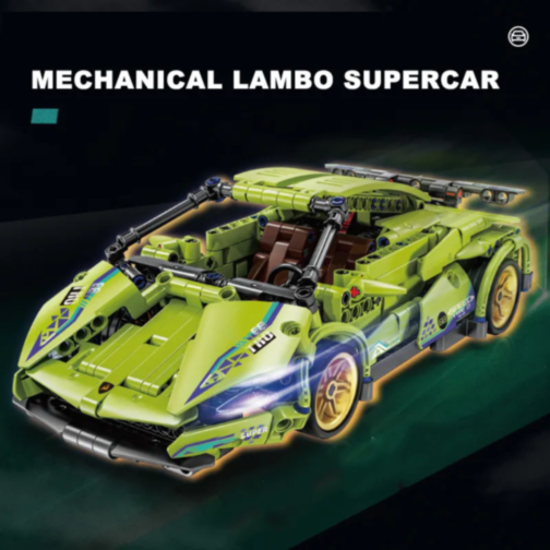 Mașină Supercar Mecanică Verde cu Funcție Pull-Back, Set de 470 Piese  
