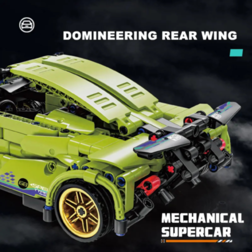 Mașină Supercar Mecanică Verde cu Funcție Pull-Back, Set de 470 Piese  