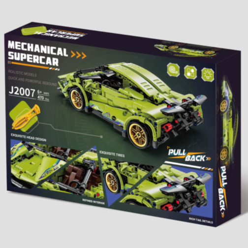Mașină Supercar Mecanică Verde cu Funcție Pull-Back, Set de 470 Piese  