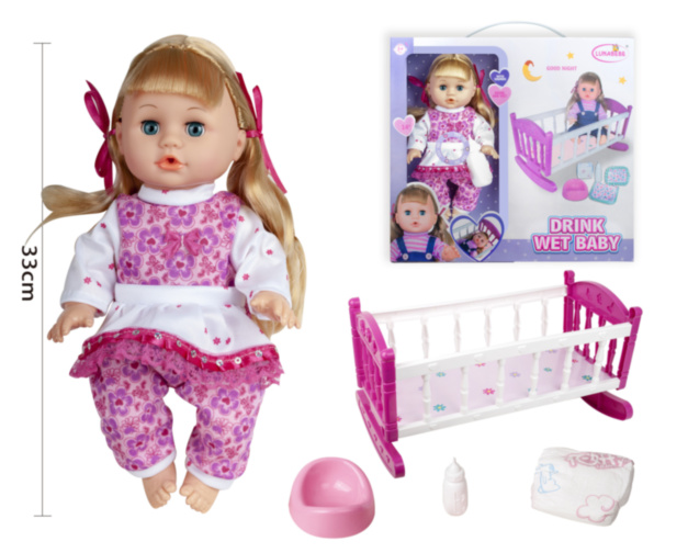 Păpușă Muzicală cu Pătuț și Pampers, face pipi la oliță