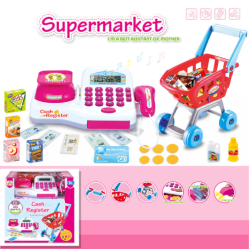 Set de joacă supermarket cu casă de marcat, coș și accesorii