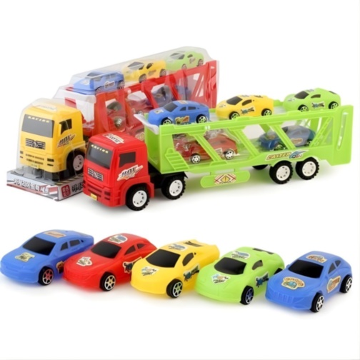Camion Trailer Transport cu 6 Mașinuțe de Jucărie (culoare aleatorie)