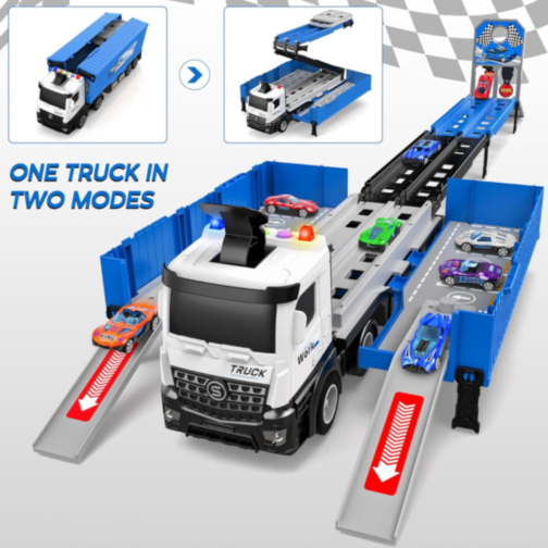 Tir Transportator cu Piste și Mașinuțe Metalice – Set Interactiv 2-în-1