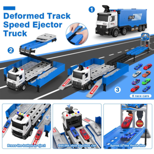 Tir Transportator cu Piste și Mașinuțe Metalice – Set Interactiv 2-în-1